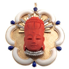 Chic Coral Buddha and Diamond Pendant in 14kt Gold