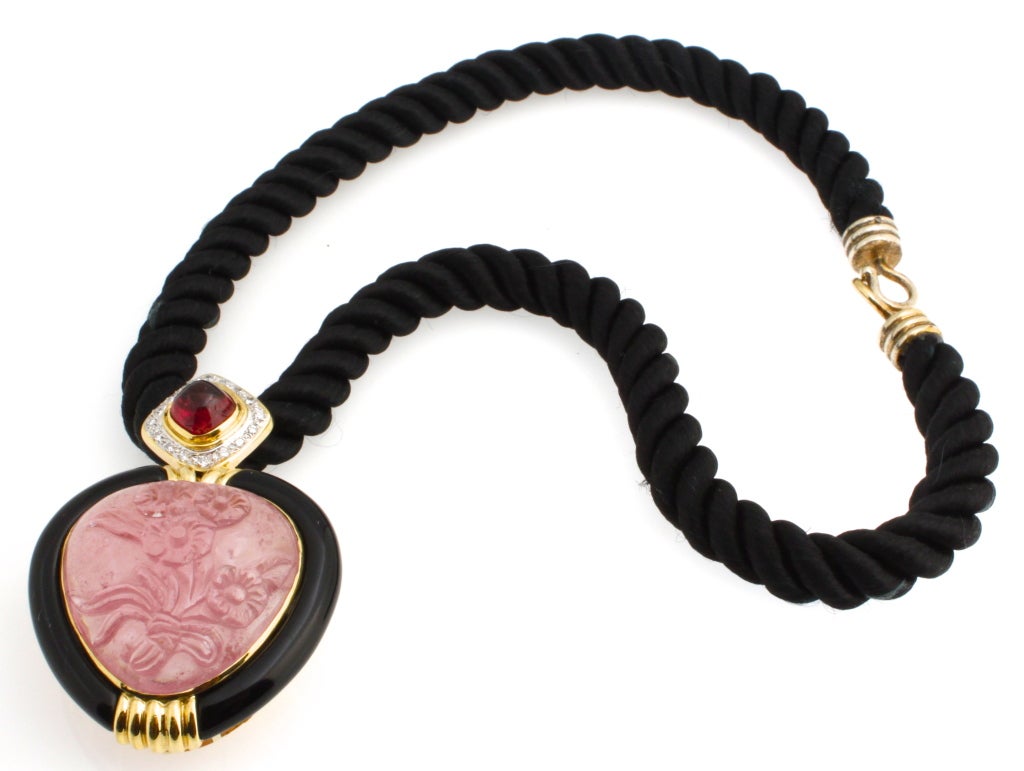 Carved Tourmaline Heart Pendant in 18kt Gold and Diamonds