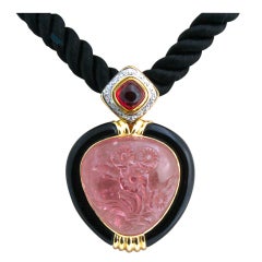 Carved Tourmaline Heart Pendant in 18kt Gold and Diamonds