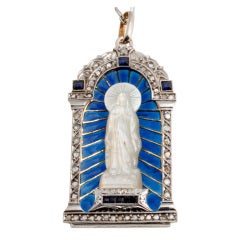 Plique a jour Virgin Mary Pendant in Platinum and Gold