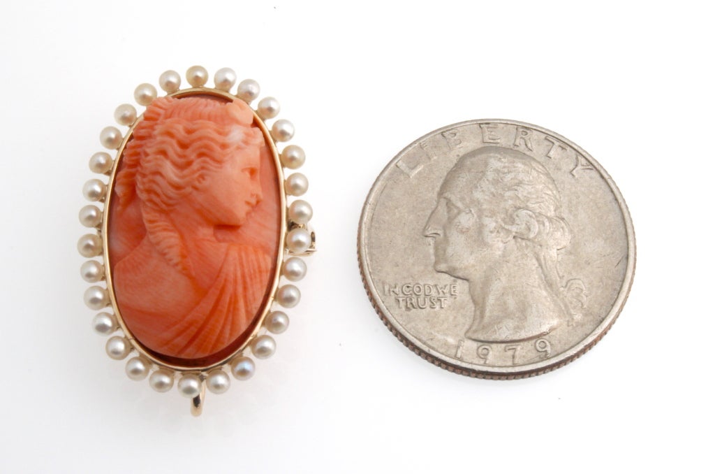 Women's Carved Coral Victorian Cameo Surround by Seed Pearls For Sale