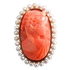 Carved Coral Victorian Cameo Surround by Seed Pearls
