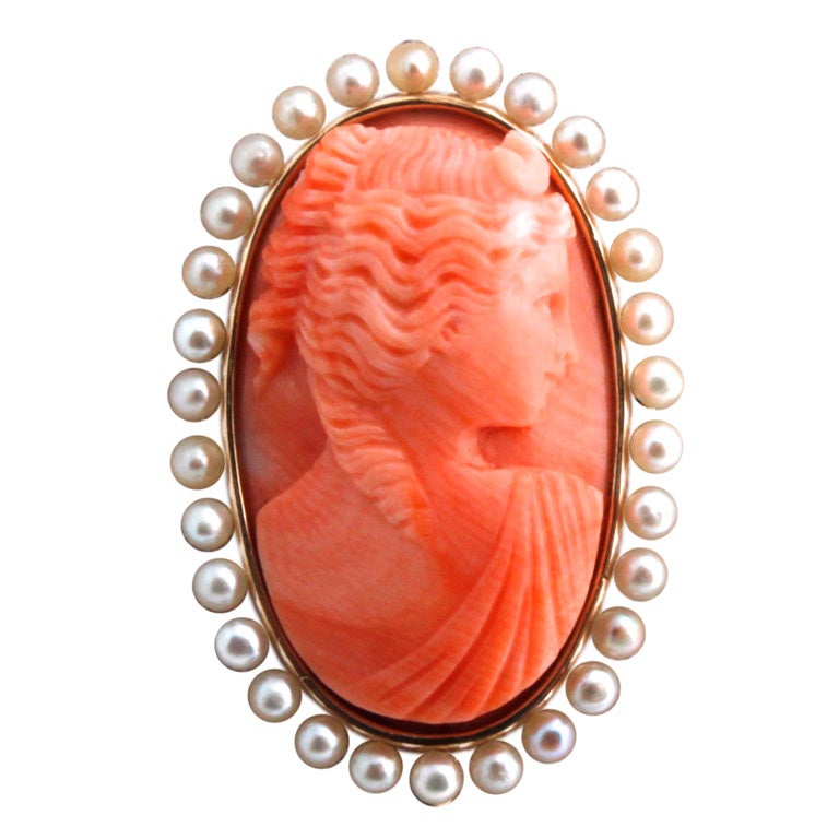 Carved Coral Victorian Cameo Surround by Seed Pearls For Sale