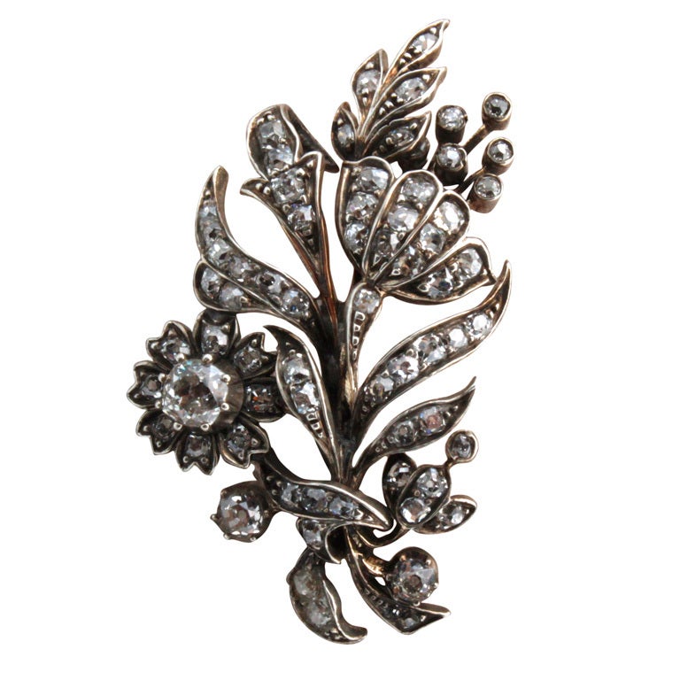 Victorian Silver on Gold Floral Spray Pin with Diamonds For Sale