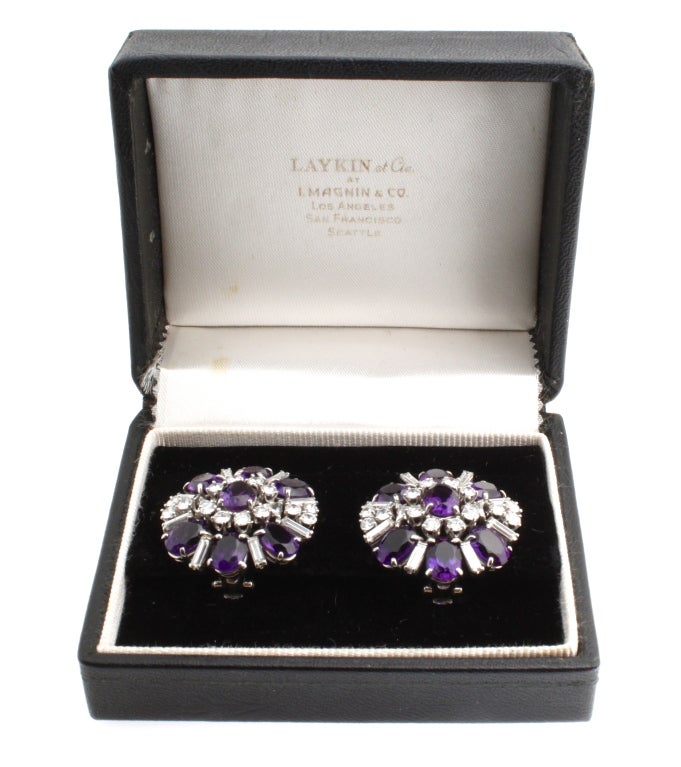 LAYKIN ET CIE Platinum Diamond & Amethyst Earrings circa 1950 For Sale 1