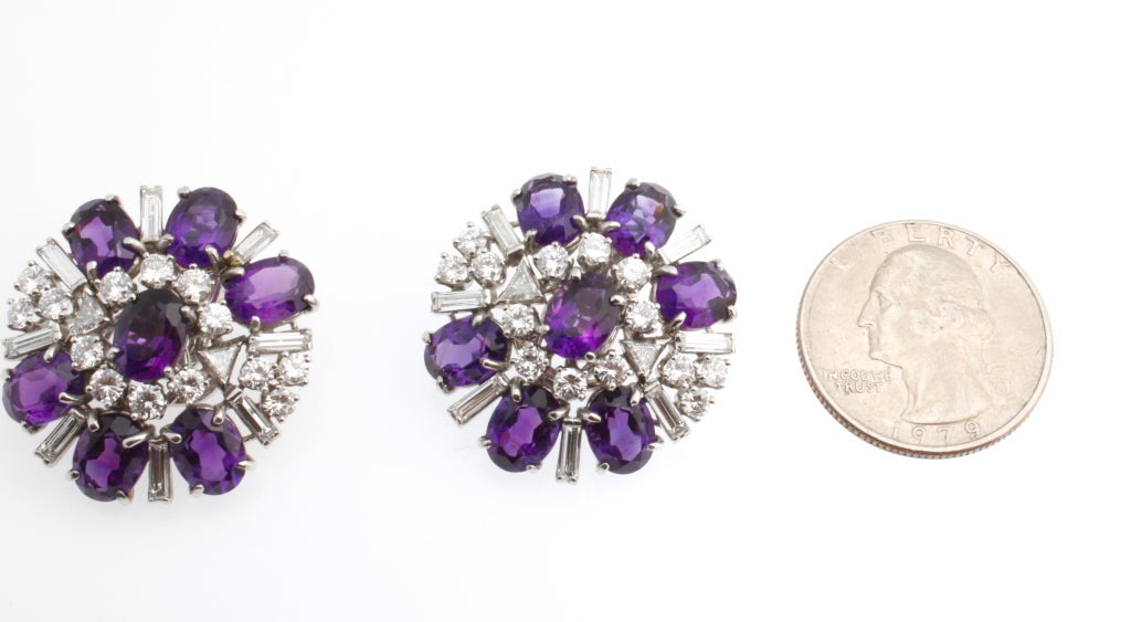 Women's LAYKIN ET CIE Platinum Diamond & Amethyst Earrings circa 1950 For Sale