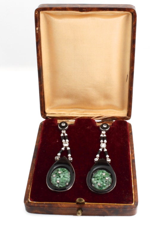 Women's Art Deco Platinum Jade & Onyx Earrings with Diamonds For Sale
