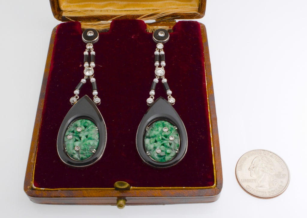 Art Deco Platinum Jade & Onyx Earrings with Diamonds For Sale 1