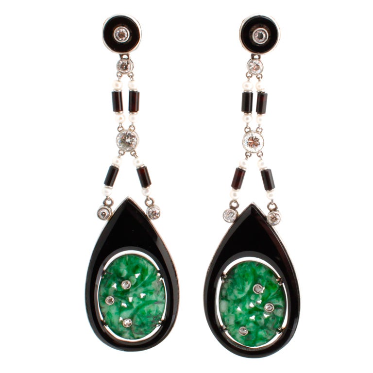 Art Deco Platinum Jade & Onyx Earrings with Diamonds For Sale