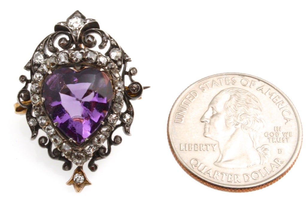Women's Early Victorian Amethyst Heart Pin/Pendant with Diamonds For Sale
