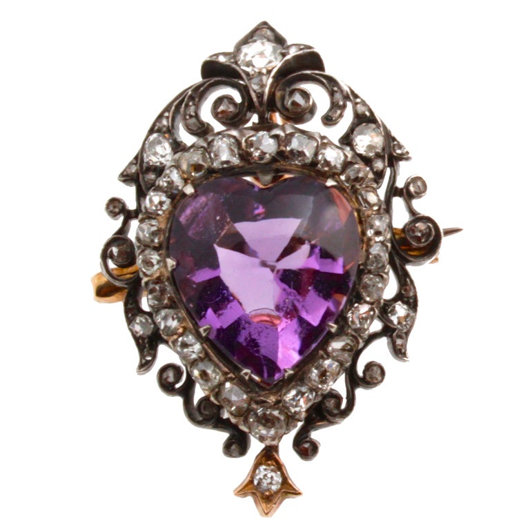 Early Victorian Amethyst Heart Pin/Pendant with Diamonds For Sale