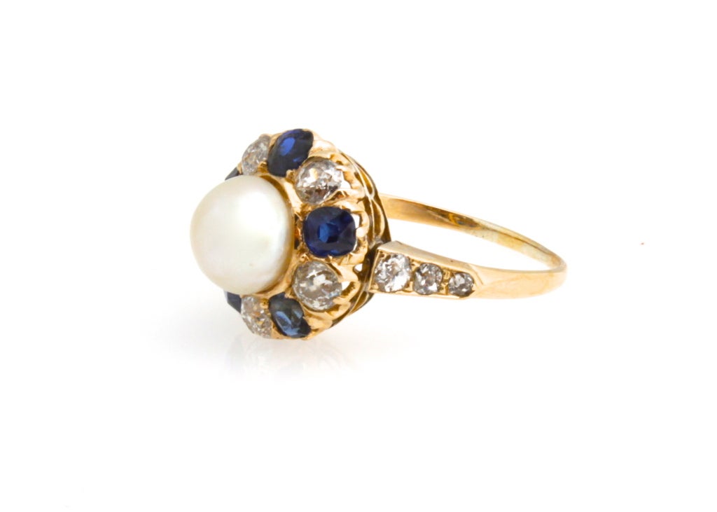 Victorian GIA Natural Pearl Ring with Diamonds and Sapphires
