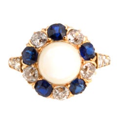 Victorian GIA Natural Pearl Ring with Diamonds and Sapphires