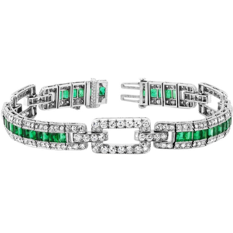 J. E. Caldwell Art Deco Platinum Bracelet in Diamonds & Emeralds For Sale
