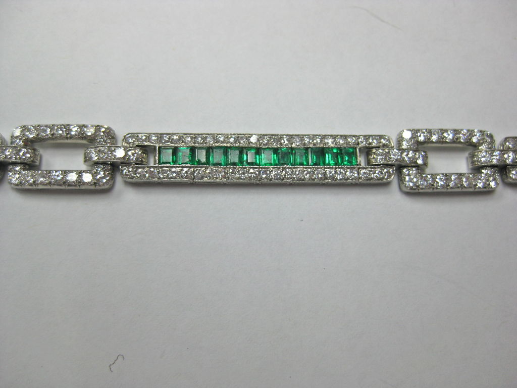 Fabulous diamond and emerald Art Deco bracelet manufactured by Oscar Heyman for J. E. Caldwell.