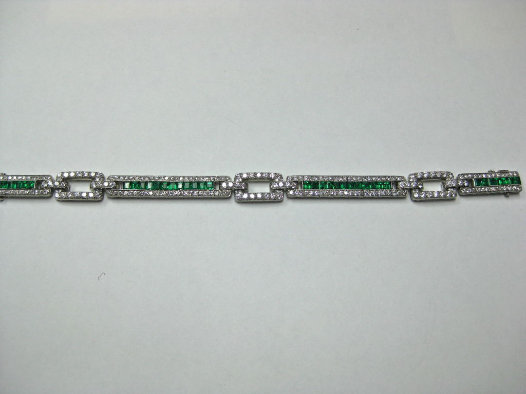 Women's J. E. Caldwell Art Deco Platinum Bracelet in Diamonds & Emeralds For Sale