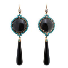 Gold, Onyx, Turquoise and Diamond Earrings