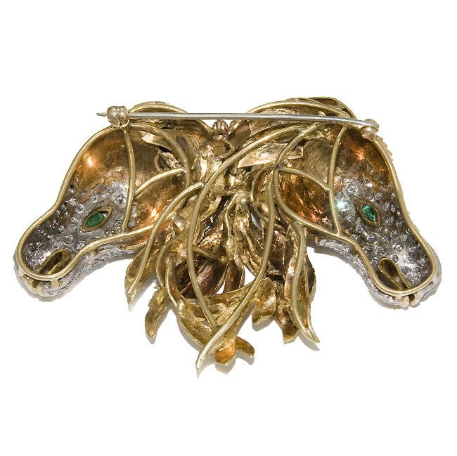 1960s 18K & Platinum, Diamond set Double Horse Head brooch