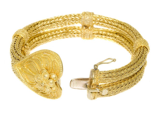 Heavy Woven 22K gold Bracelet with Granulation Decorations by Greek Jewelry designer Zolotos.