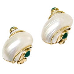 Seaman Schepps 14K, Shell and Chrysophase Ear Clips