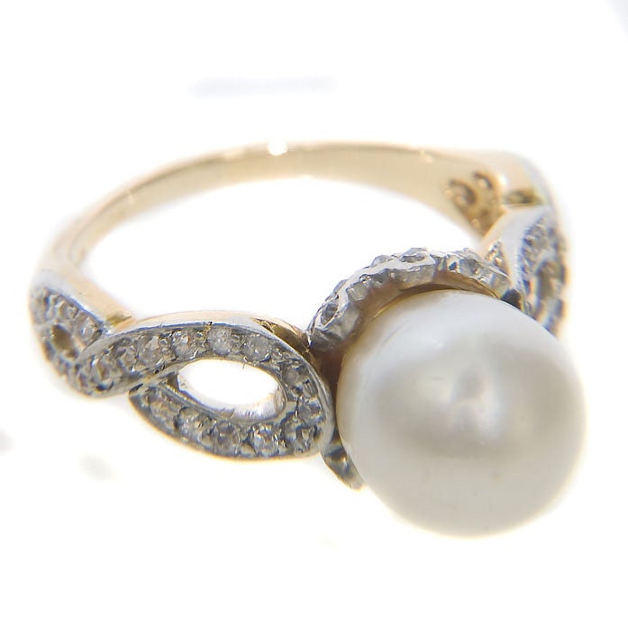 Antique Platinum 14K Diamond & Natural Pearl Ring by T.B. Star