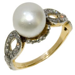 Antique Platinum 14K Diamond & Natural Pearl Ring by T.B. Star