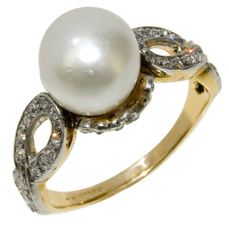 Antique Platinum 14K Diamond and Natural Pearl Ring by T.B. Star at 1stdibs