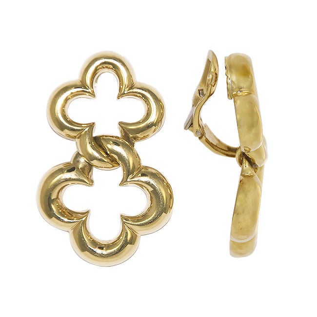 18K Yellow Gold, Elegant Earclips by Jean Vitau, top and bottom sections in a clover like design that are inter connected.