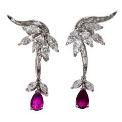 18K Diamond and Ruby Dangle Ear Clips