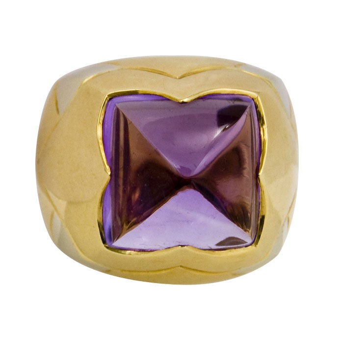 Signed and Numbered 18K Yellow Gold Pyramid ring with a 4 sided Cabachon Amethyst by Bulgari, Finger size = 6