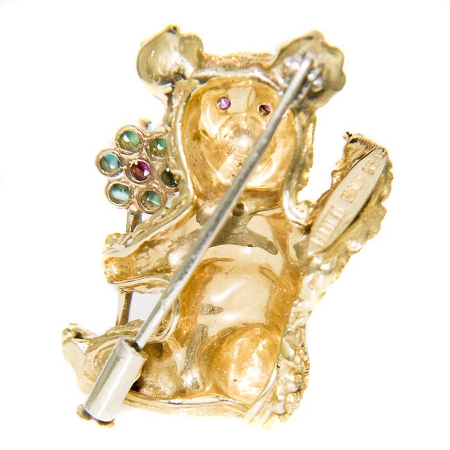 Whimsical 18K yellow gold and Gem Stone set textured Teddy bear brooch by cartier.