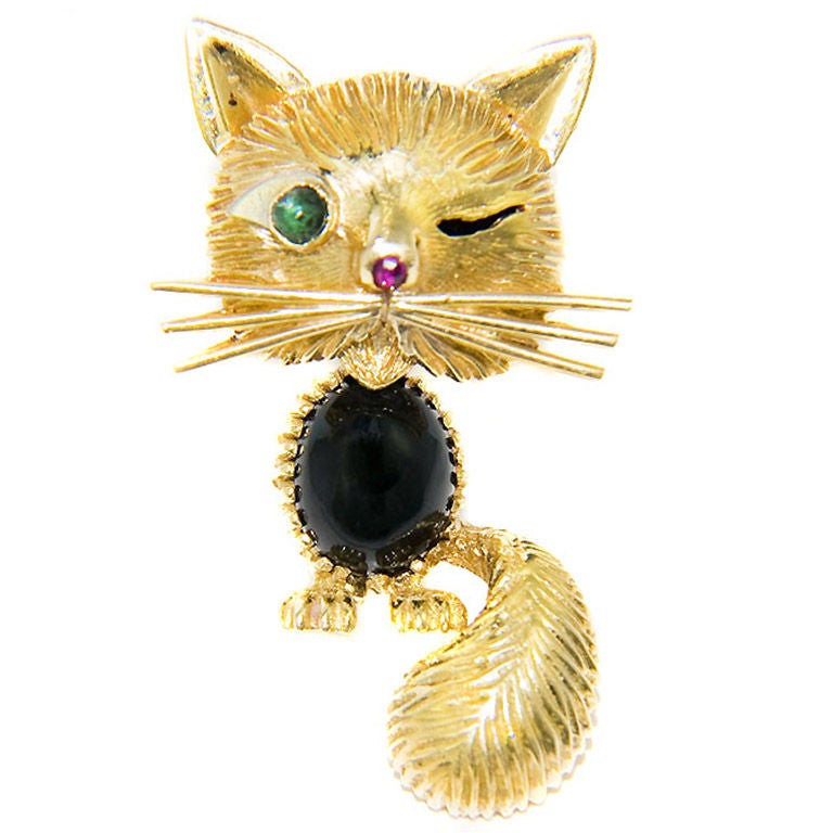 Cute 18K and Gem set Cat brooch by Van Cleef & Arpels