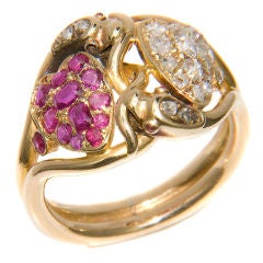 Victorian Double Hearts Diamond & Ruby Ring
