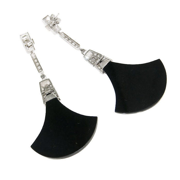 Large Fan Onyx Coral Diamond Earrings