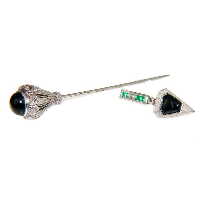 Wonderful Art Deco Platinum Jabot Pin By Lacloche, set with Onyx, Diamonds and Emeralds.