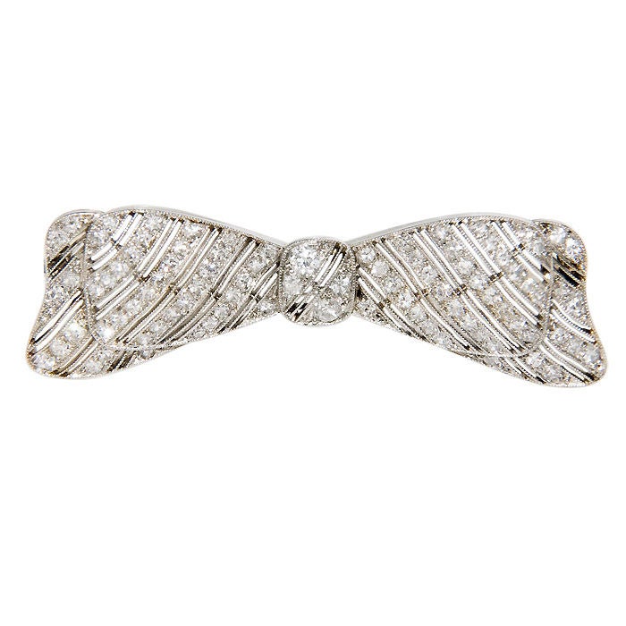 Fine Platinum and Diamond Bow Brooch in Original Case by Dreicer, Diamond weight = 2 Carats.