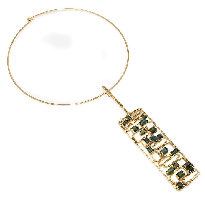 Very Cool 1960s 18K Yellow Gold Pendant on A 14K wire by H. Stern, set with Numerous Fine Color Step cut Tourmelines.