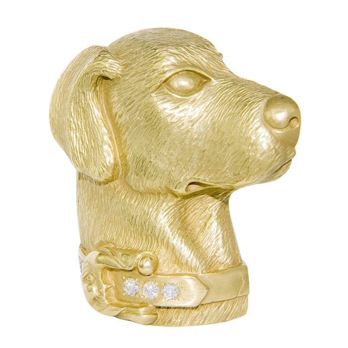 Very Large and Detaild Dog Clip Brooch By Barry Kieselstein Cord, Textured Finish with a Diamond set Collar, .50 Carat.