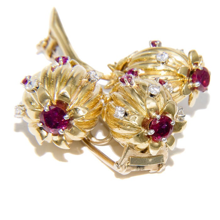 Jean Schlumberger for Tiffany & Company 18K Yellow gold Thistle, clip brooch, set with Rubies and Diamonds.