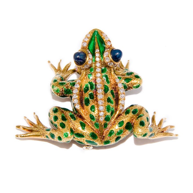 Wonderfully Detailed 18K Yellow Gold Frog Clip Brooch, set with 1 Carat Single cut Diamonds, Cabachon Sapphire Eyes, Rubies and Green Enamel. Exceptional Detail.