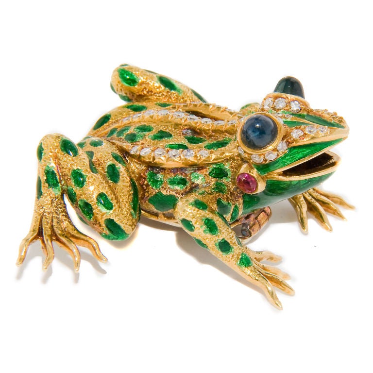 Women's Lively Gold, Diamond, Sapphire and Enamel Frog Clip brooch