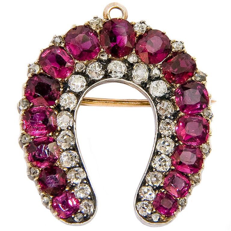 Fine Antique Ruby and Diamond Horse Shoe Pendant brooch