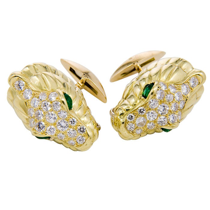 Women's or Men's Gold Diamond & Emerald Serpent Head Cuff links