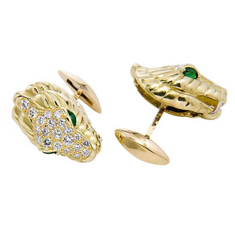 Gold Diamond & Emerald Serpent Head Cuff links