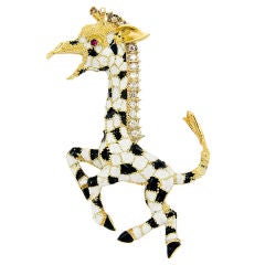 Large Whimsical Gold, Enamel, Diamond Giraffe brooch