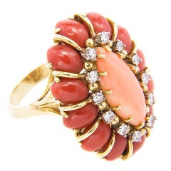 Large Gold Diamond and Coral ring