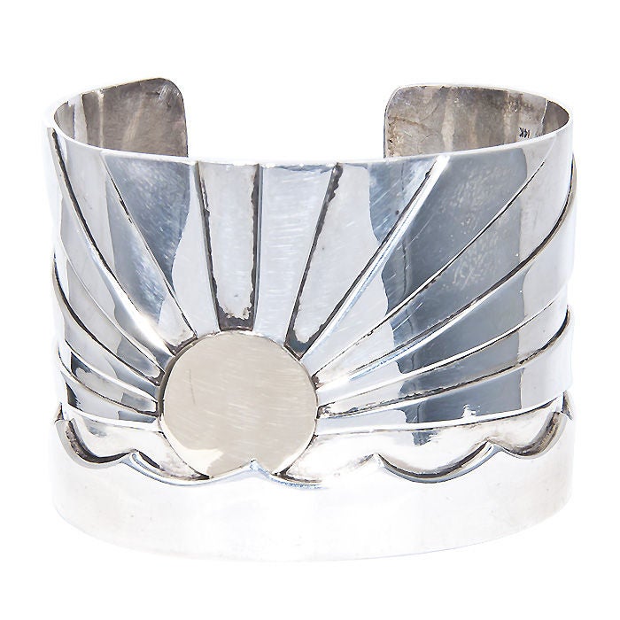 Wide Cuff Bracelet of Sterling Silver and 14K yellow Gold by M & J Savitt.