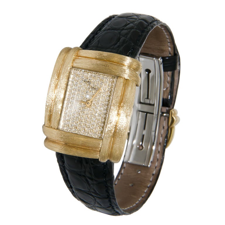 18K Yellow Gold Ladies wrist watch by henry Dunay with Diamond Pave Dial, Sabe Finish Case and Gold Deployment Buckle. Quartz Movement, Black Alligator Strap.