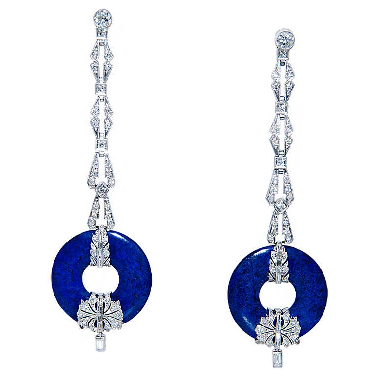 Art Deco Diamond 
Lapis Lazuli Earrings