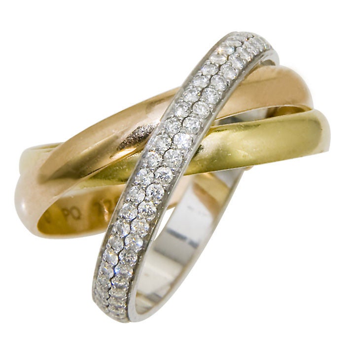 Cartier 18K Tri Color Gold Trinity band Ring, the White band is set with two rows of Round brilliant cut Diamonds totaling over 1 carat. Finger size = 8  European size = 53.  Signed and Numbered.